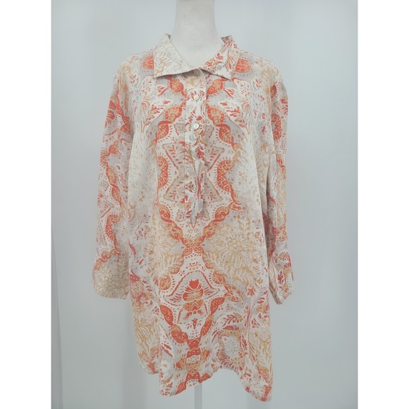 Chico's Tops - Chico's Linen Bohemian Tunic Women Sz 12 / 14 Artsy Resort Wear Floral Medallion
